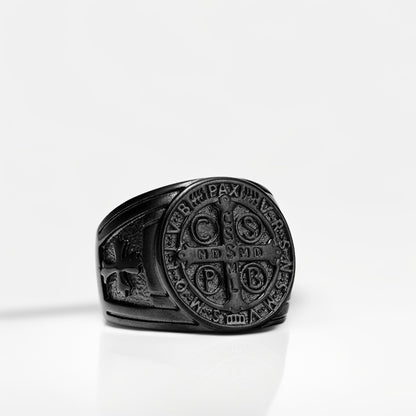 Bague Acier Homme | Chevalière Médaille de Saint-Benoît - Noir - Oxior