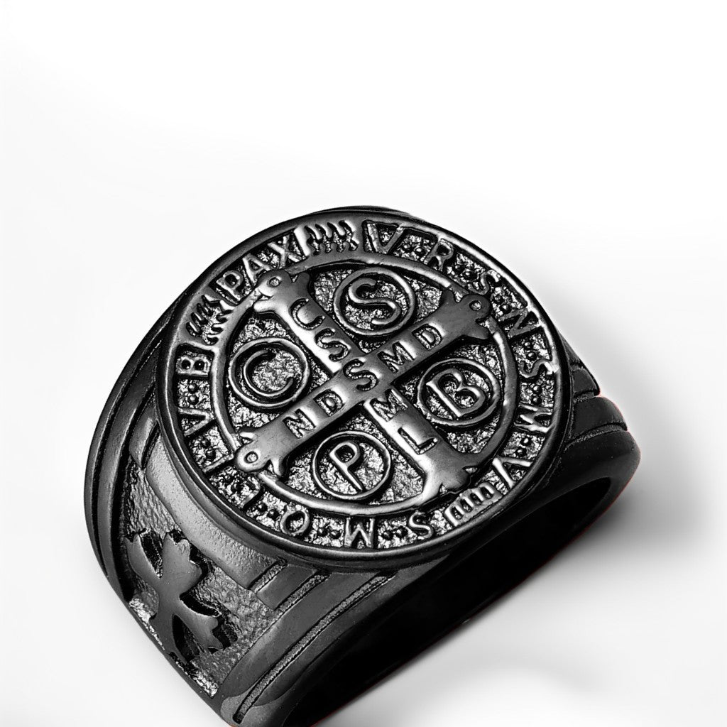 Bague Acier Homme | Chevalière Médaille de Saint-Benoît - Noir - Oxior