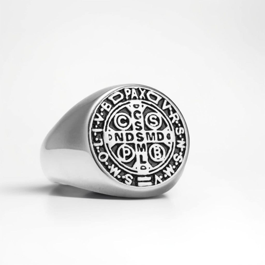 Bague Acier Homme | Chevalière Médaille de Saint-Benoît Simple - Argenté - Oxior