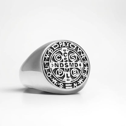 Bague Acier Homme | Chevalière Médaille de Saint-Benoît Simple - Argenté - Oxior