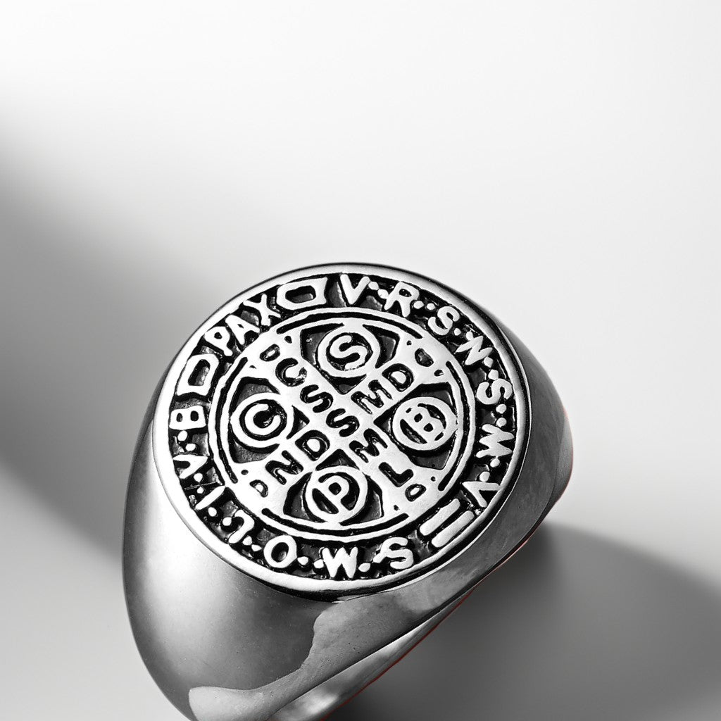 Bague Acier Homme | Chevalière Médaille de Saint-Benoît Simple - Argenté - Oxior