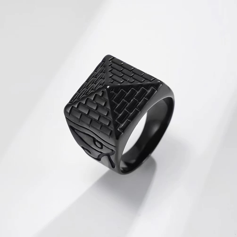 Bague Acier Homme | Chevalière Pyramide - Noire - Oxior