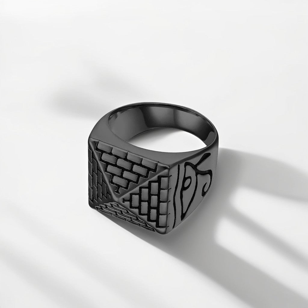 Bague Acier Homme | Chevalière Pyramide - Noire - Oxior
