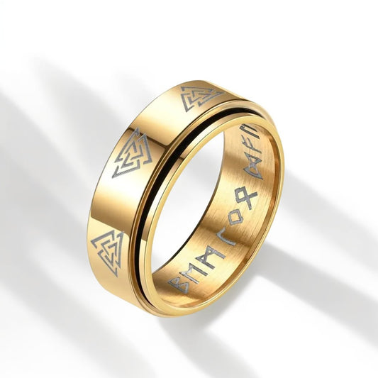 Bague Anti Stress Homme | Modèle Runes Viking Doré – Acier Inoxydable - Oxior