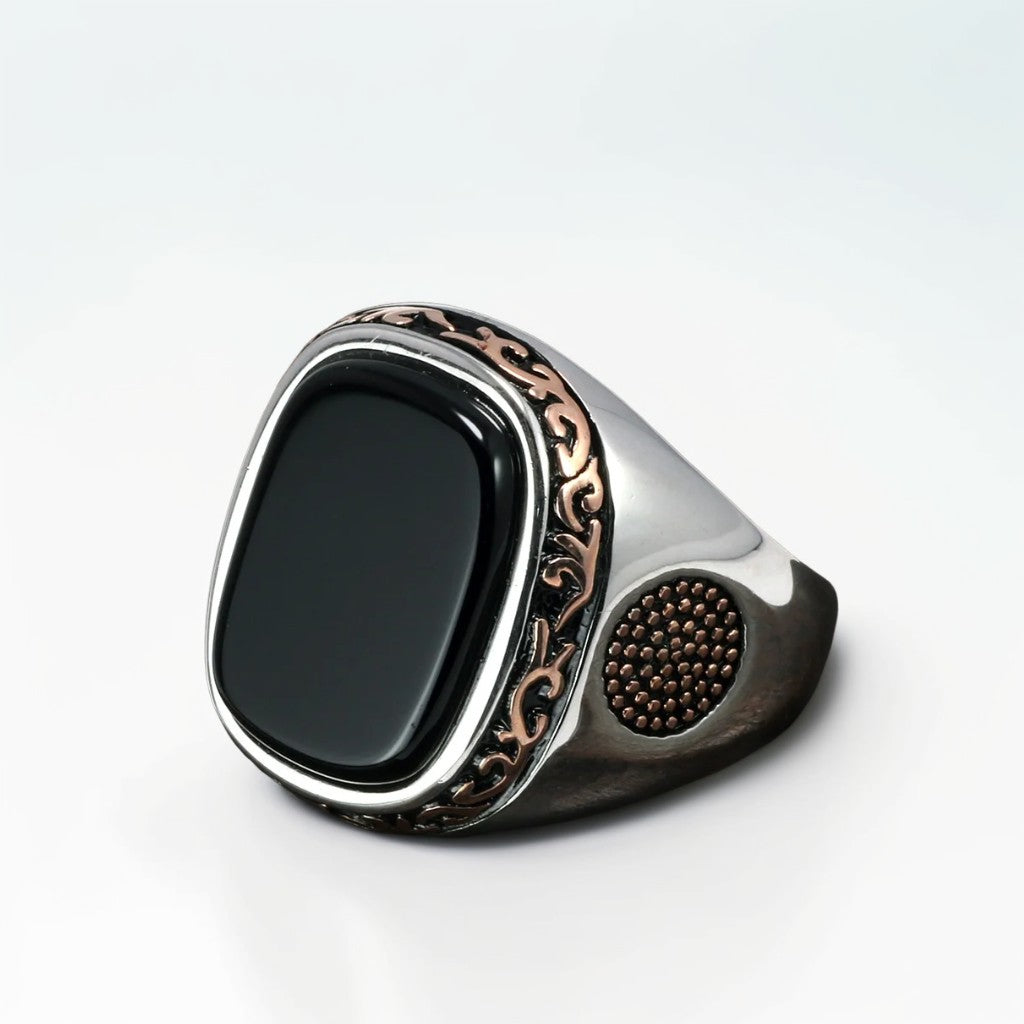 Bague Argent Homme | Modèle Chevalière Baroque – Onyx Noir – Argent 925 - Oxior