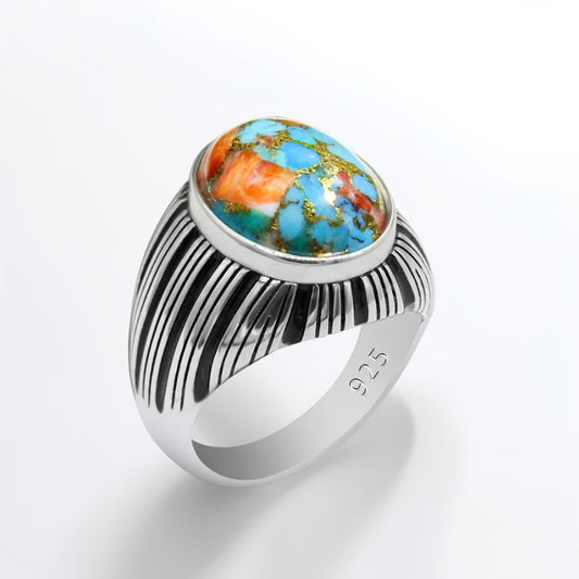 Bague Argent Homme | Modèle Chevalière Cosmos – Turquoise – Argent 925 - Oxior
