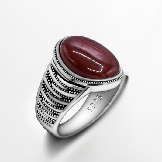 Bague Argent Homme | Modèle Chevalière Crocs – Agate Rouge – Argent 925 - Oxior