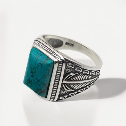 Bague Argent Homme | Modèle Chevalière Feuille de Palmier – Turquoise – Argent 925 - Oxior