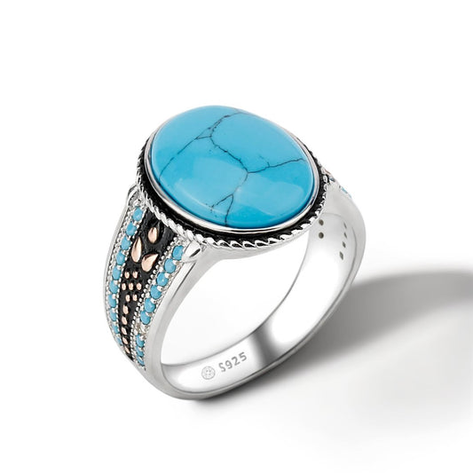 Bague Argent Homme | Modèle Chevalière Grand Bleu – Turquoise – Argent 925 - Oxior
