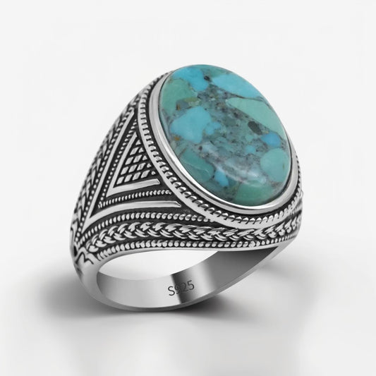Bague Argent Homme | Modèle Chevalière Gravure Royale – Turquoise – Argent 925 - Oxior