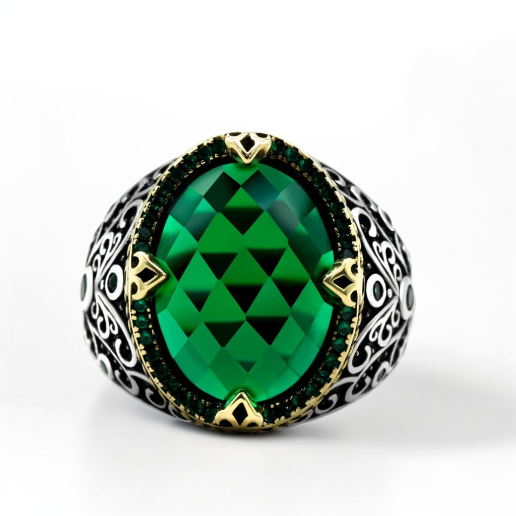 Bague Argent Homme | Modèle Chevalière Impériale – Zircon Vert – Argent 925 - Oxior