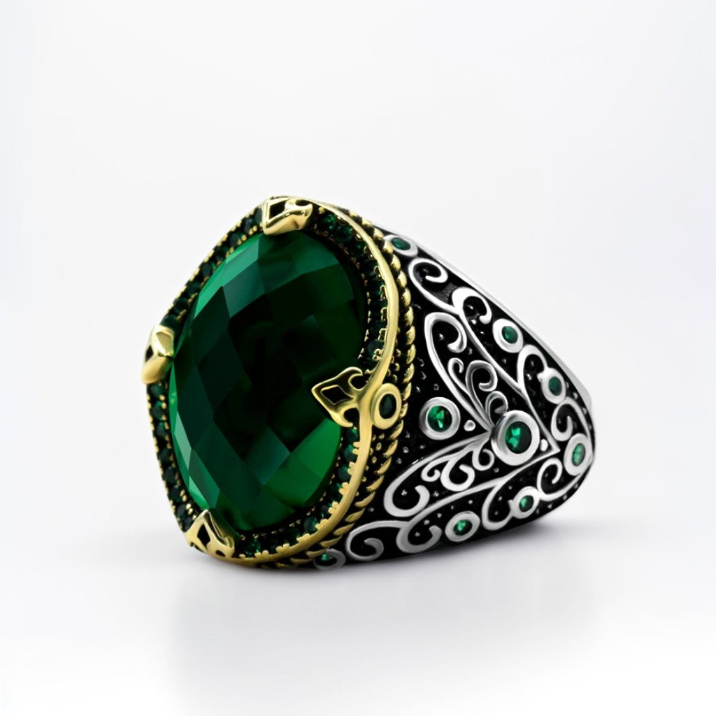 Bague Argent Homme | Modèle Chevalière Impériale – Zircon Vert – Argent 925 - Oxior