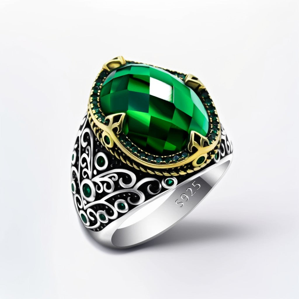 Bague Argent Homme | Modèle Chevalière Impériale – Zircon Vert – Argent 925 - Oxior
