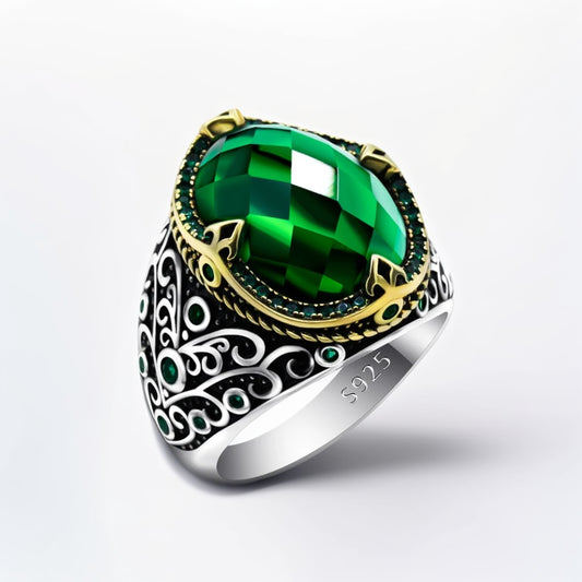 Bague Argent Homme | Modèle Chevalière Impériale – Zircon Vert – Argent 925 - Oxior