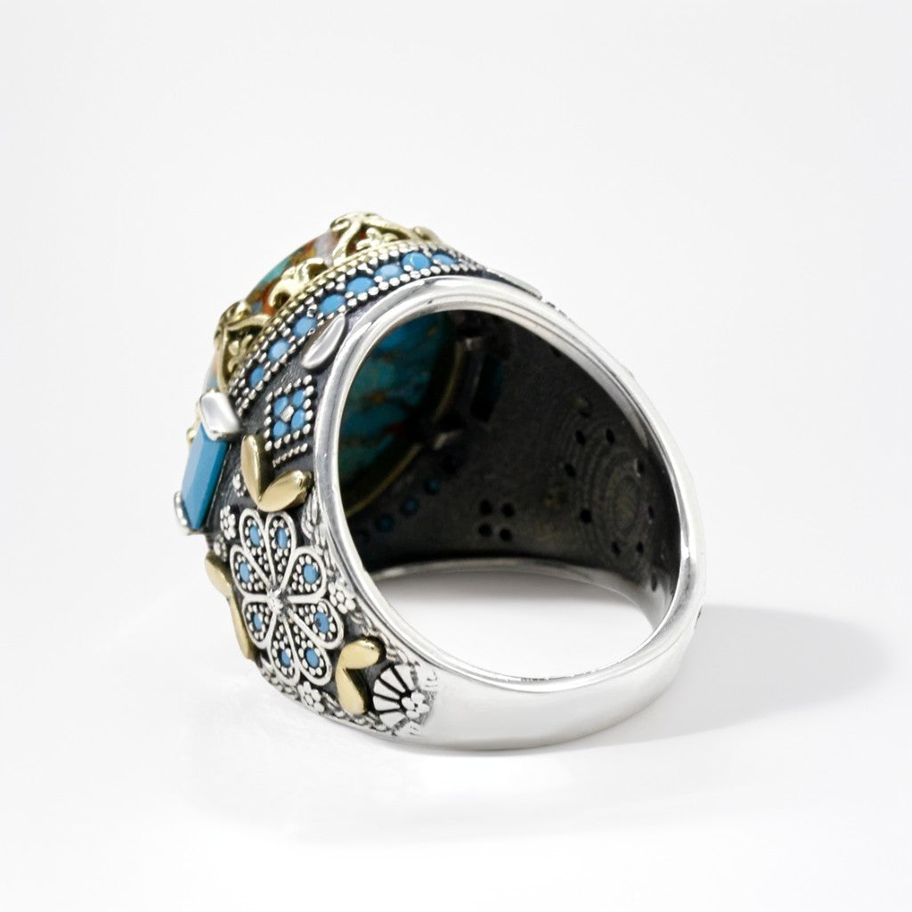 Bague Argent Homme | Modèle Chevalière Panache Fleuri – Turquoise – Argent 925 - Oxior