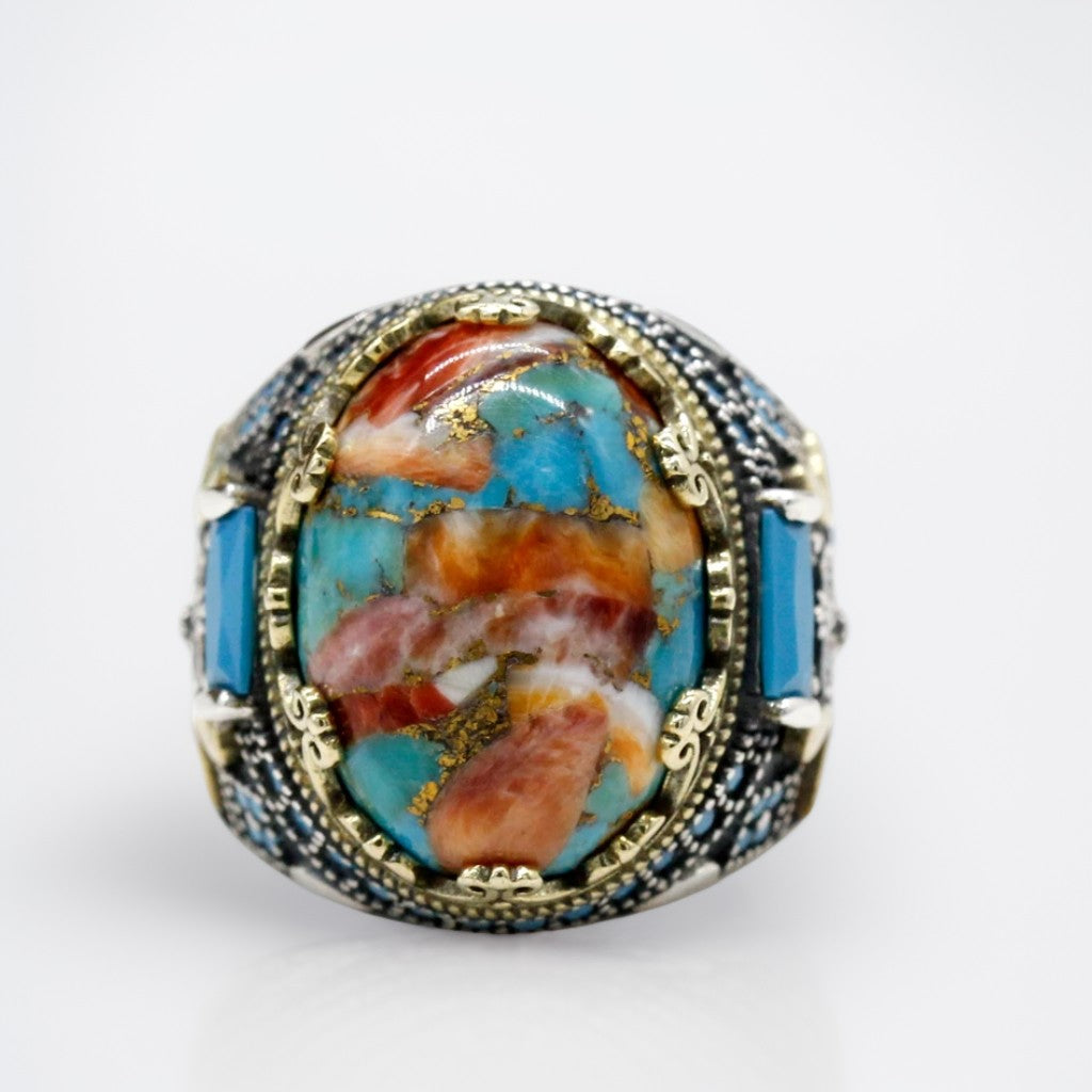 Bague Argent Homme | Modèle Chevalière Panache Fleuri – Turquoise – Argent 925 - Oxior