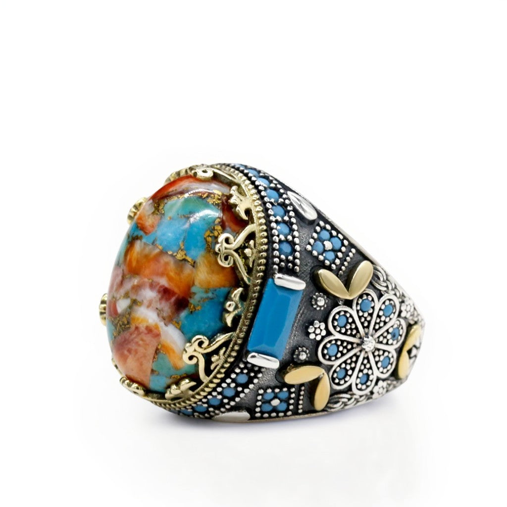 Bague Argent Homme | Modèle Chevalière Panache Fleuri – Turquoise – Argent 925 - Oxior