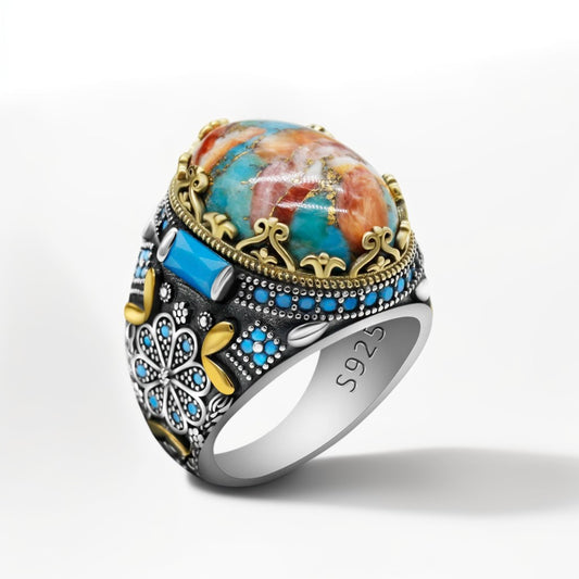 Bague Argent Homme | Modèle Chevalière Panache Fleuri – Turquoise – Argent 925 - Oxior