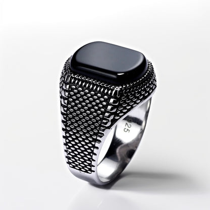 Bague Argent Homme | Modèle Chevalière Street Brut - Agate Noire - Argent 925 - Oxior