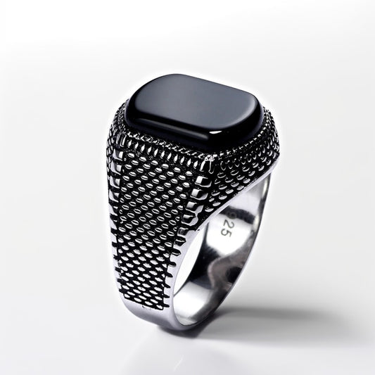 Bague Argent Homme | Modèle Chevalière Street Brut - Agate Noire - Argent 925 - Oxior