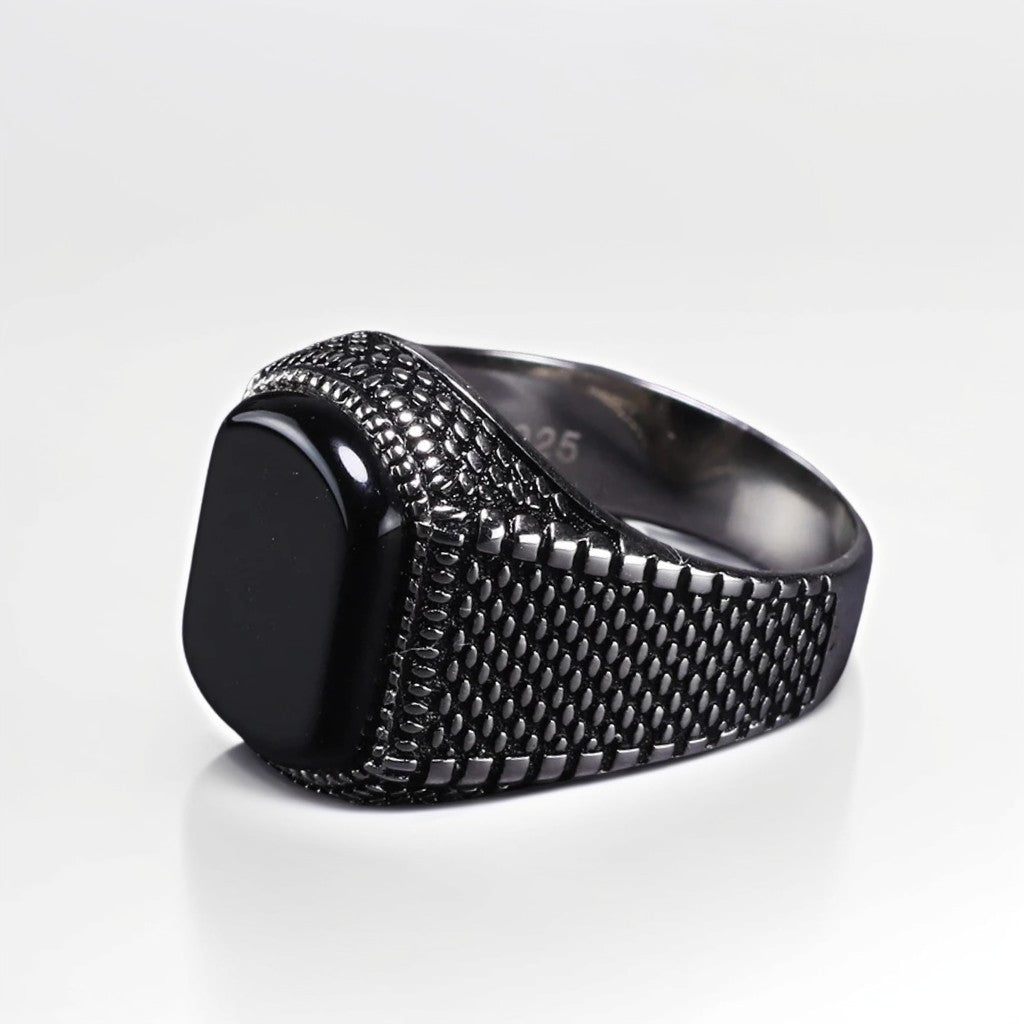 Bague Argent Homme | Modèle Chevalière Street Brut - Agate Noire - Argent 925 - Oxior