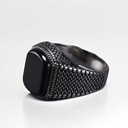 Bague Argent Homme | Modèle Chevalière Street Brut - Agate Noire - Argent 925 - Oxior