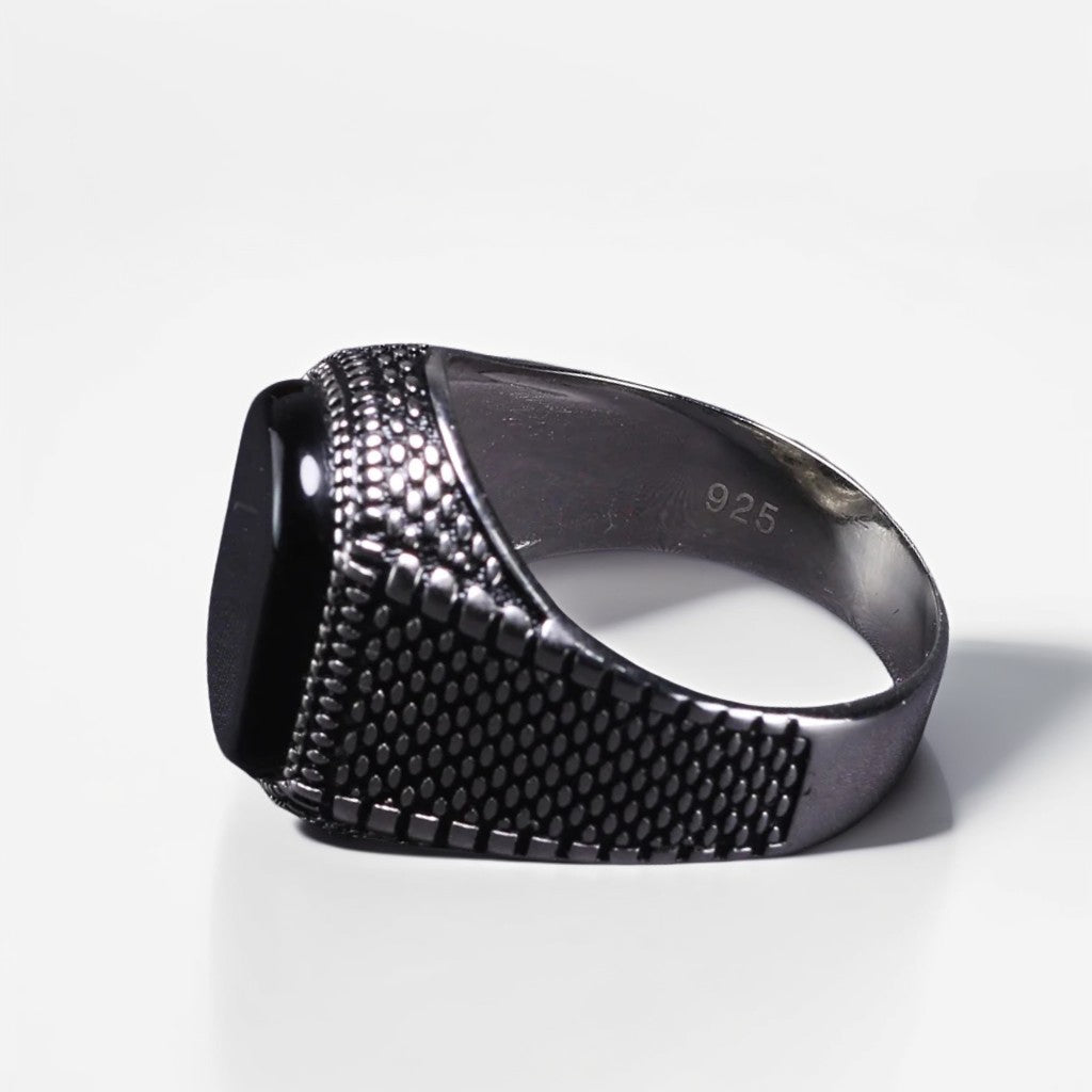 Bague Argent Homme | Modèle Chevalière Street Brut - Agate Noire - Argent 925 - Oxior