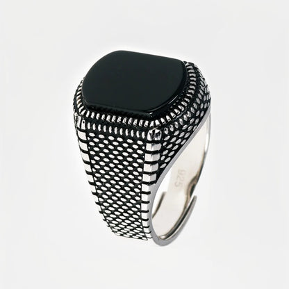 Bague Argent Homme | Modèle Chevalière Street Brut - Agate Noire - Argent 925 - Oxior