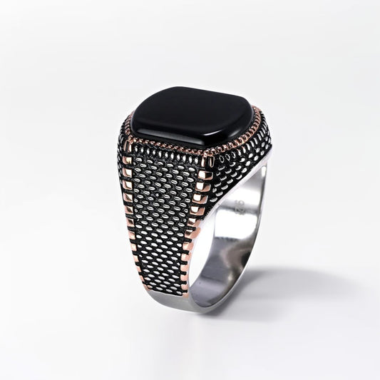 Bague Argent Homme | Modèle Chevalière Street Cuivrée - Agate Noire - Argent 925 - Oxior
