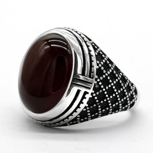 Bague Argent Homme | Modèle Chevalière Sultan - Agate Rouge - Argent Sterling 925 - Oxior