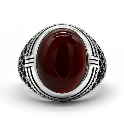 Bague Argent Homme | Modèle Chevalière Sultan - Agate Rouge - Argent Sterling 925 - Oxior