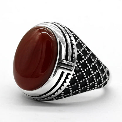 Bague Argent Homme | Modèle Chevalière Sultan - Agate Rouge - Argent Sterling 925 - Oxior