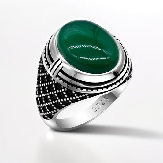 Bague Argent Homme | Modèle Chevalière Sultan - Agate Verte - Argent Sterling 925 - Oxior
