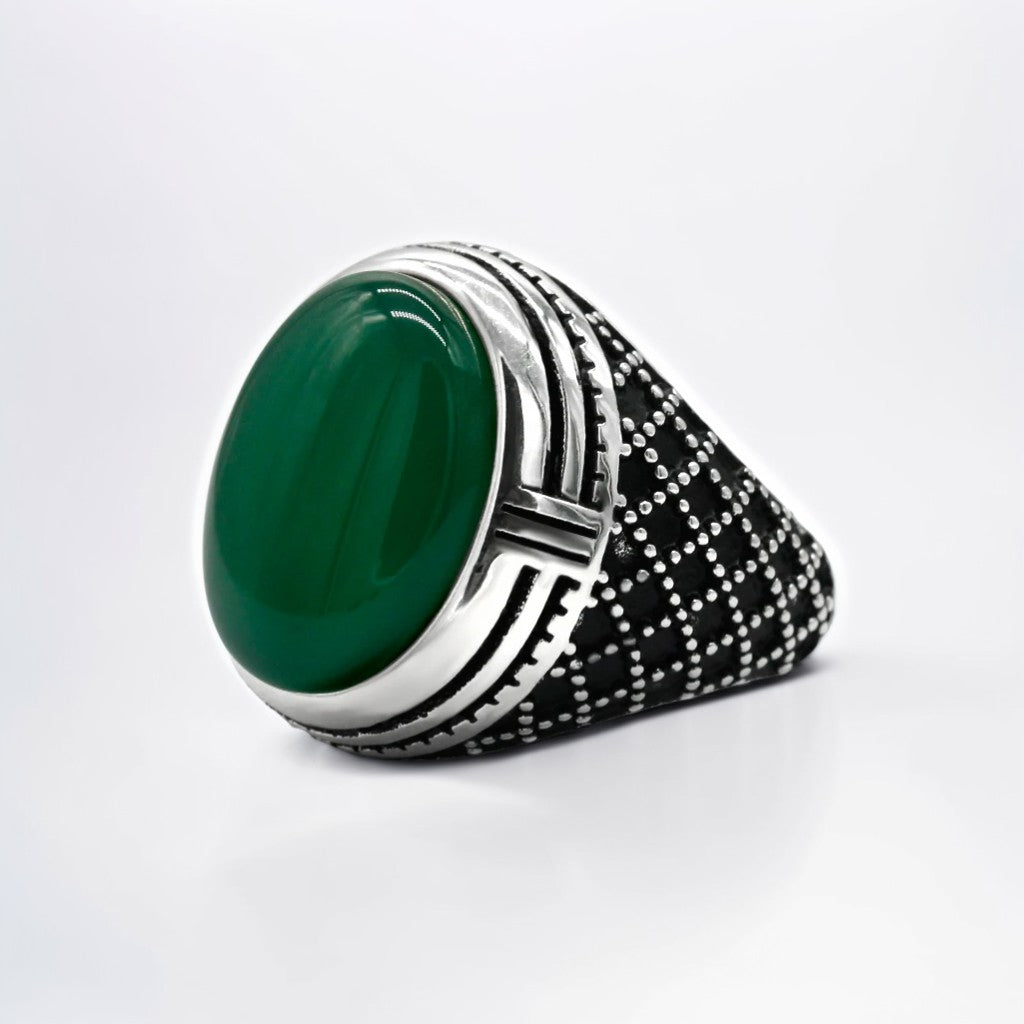 Bague Argent Homme | Modèle Chevalière Sultan - Agate Verte - Argent Sterling 925 - Oxior