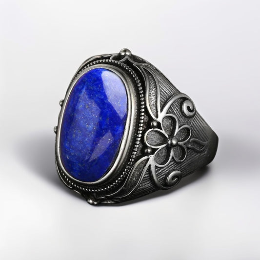 Bague Argent Homme | Modèle Fleuri - Lapis Lazuli - Argent Sterling 925 - Oxior