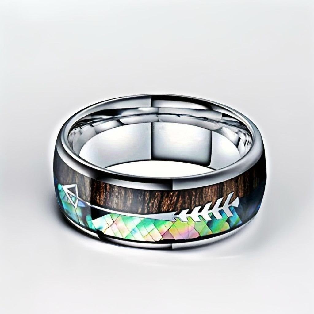 Bague Bois Homme | Modèle Flèche Iridescente - Bois & Acier Argenté - Oxior