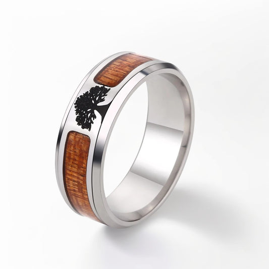 Bague Bois Homme | Modèle Arbre de Vie - Bois & Acier Argenté - Oxior