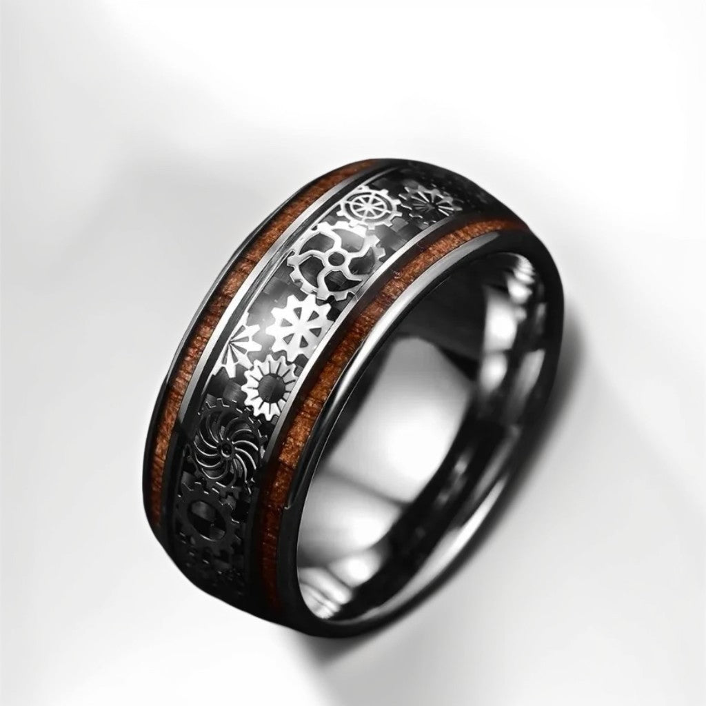 Bague Bois Homme | Modèle Cyberpunk - Bois & Acier Noir - Oxior