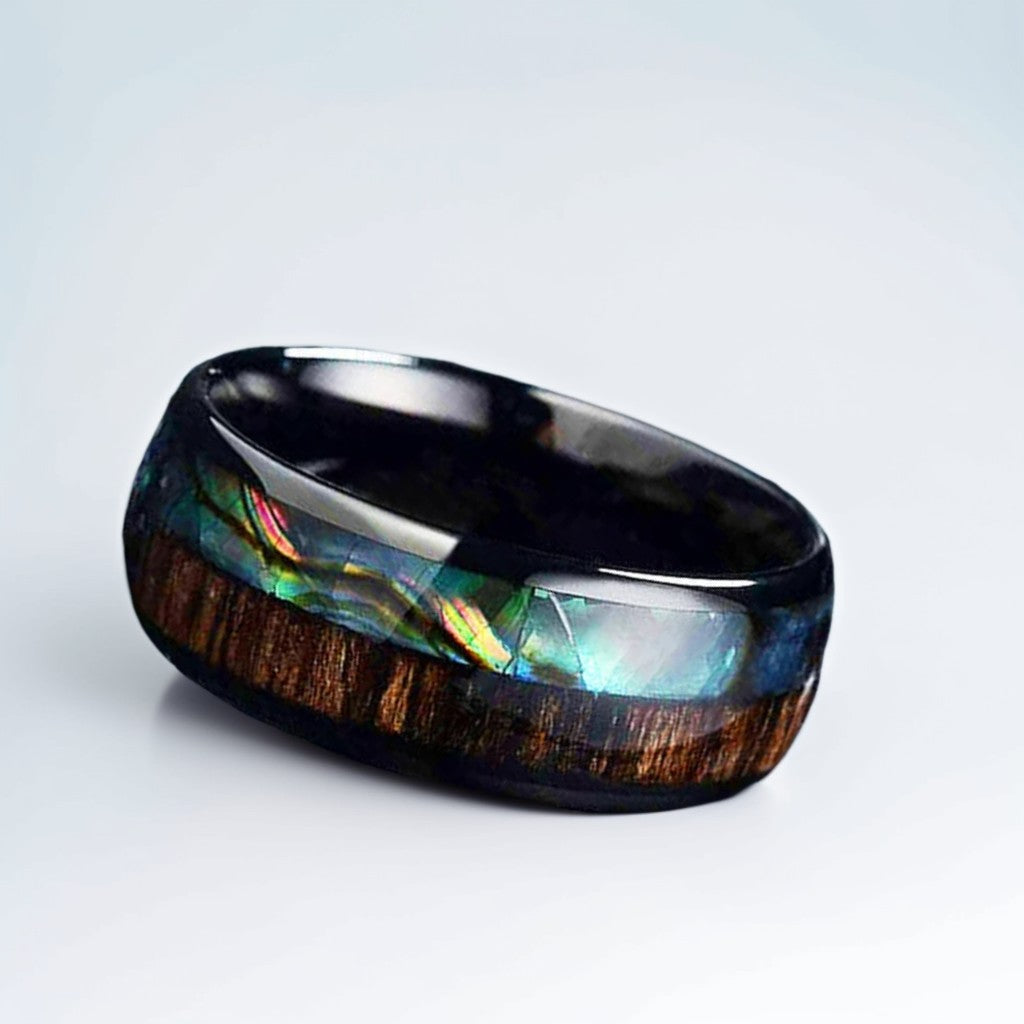 Bague Bois Homme | Modèle Iridescence - Bois & Acier Noir - Oxior