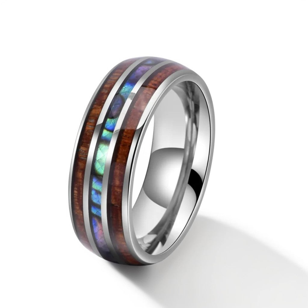 Bague Bois Homme | Modèle Reflets Nacrés - Bois & Acier Argenté - Oxior