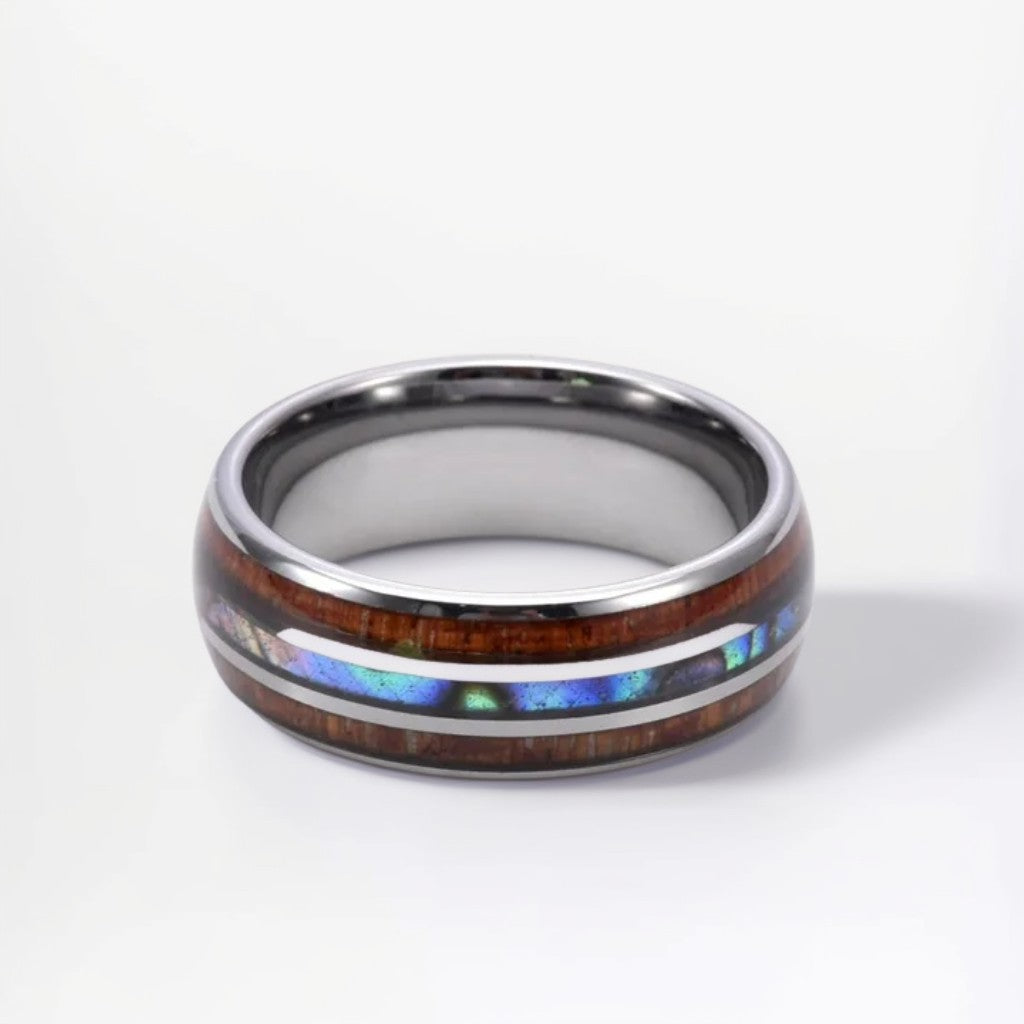Bague Bois Homme | Modèle Reflets Nacrés - Bois & Acier Argenté - Oxior