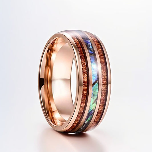 Bague Bois Homme | Modèle Reflets Nacrés - Bois & Acier Or Rose - Oxior