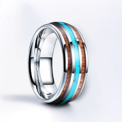 Bague Bois Homme | Modèle Reflets Turquoise - Bois & Acier Argenté - Oxior