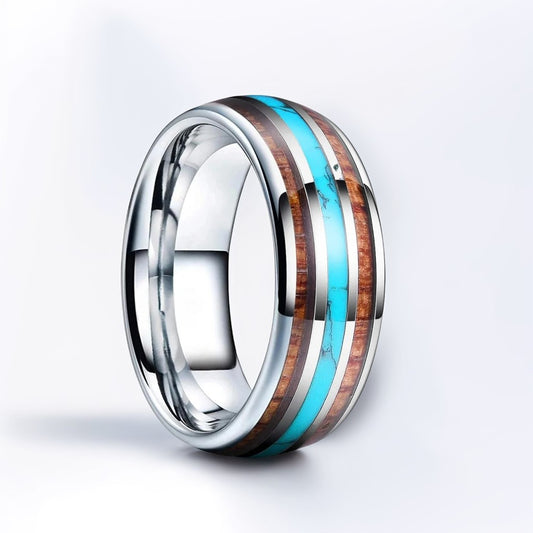 Bague Bois Homme | Modèle Reflets Turquoise - Bois & Acier Argenté - Oxior