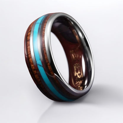 Bague Bois Homme | Modèle Reflets Turquoise - Bois & Acier Argenté - Oxior