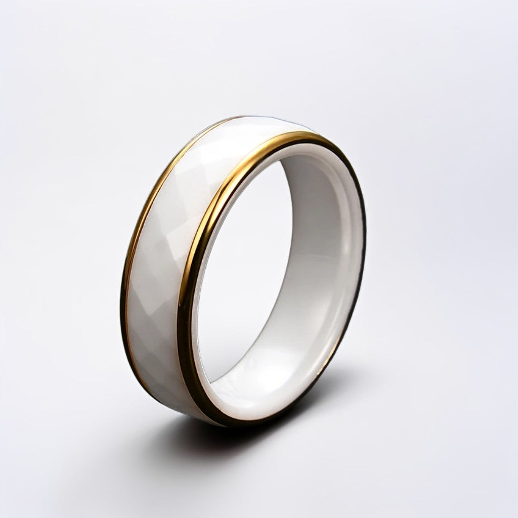 Bague Céramique Homme | Blanc & Or Facette - Acier - Oxior