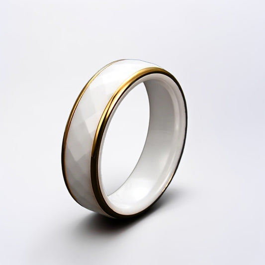 Bague Céramique Homme | Blanc & Or Facette - Acier - Oxior