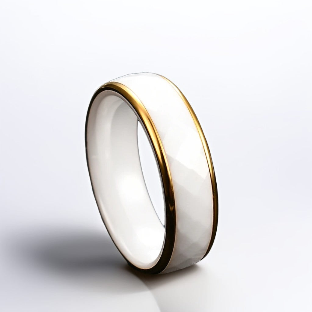 Bague Céramique Homme | Blanc & Or Facette - Acier - Oxior