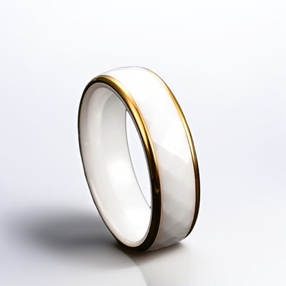 Bague Céramique Homme | Blanc & Or Facette - Acier - Oxior
