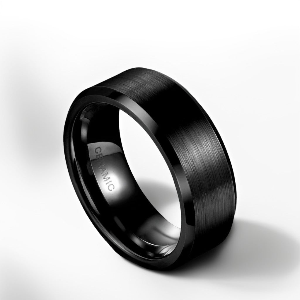 Bague Céramique Homme | Noir Brossé Biseauté - Oxior